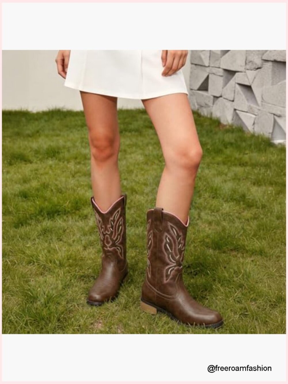 Womens Western Boots Mid Calf Square Toe Chunky Heel Embroidered Pull On Cowboy - Picture 2 of 7
